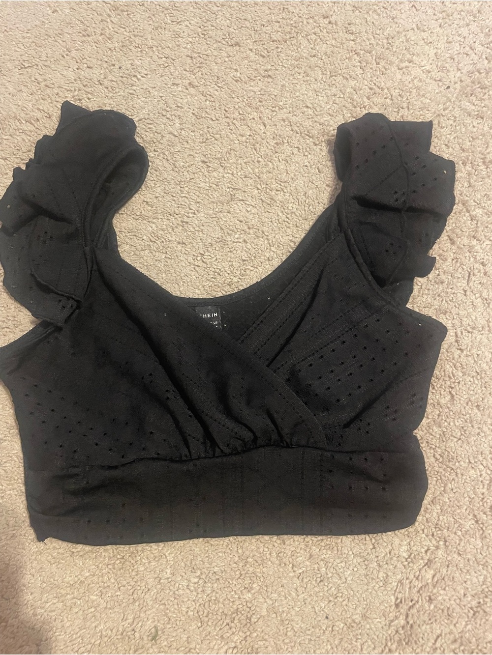 SHEIN Black Eyelet Ruffle Crop Top